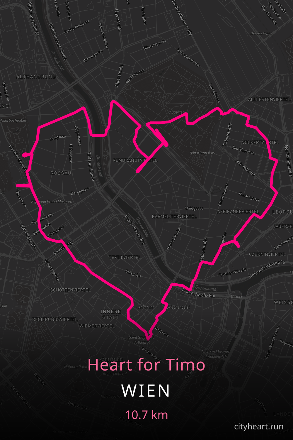 Heart-shaped running route in Wien, 10.7 km — GPS art for Strava