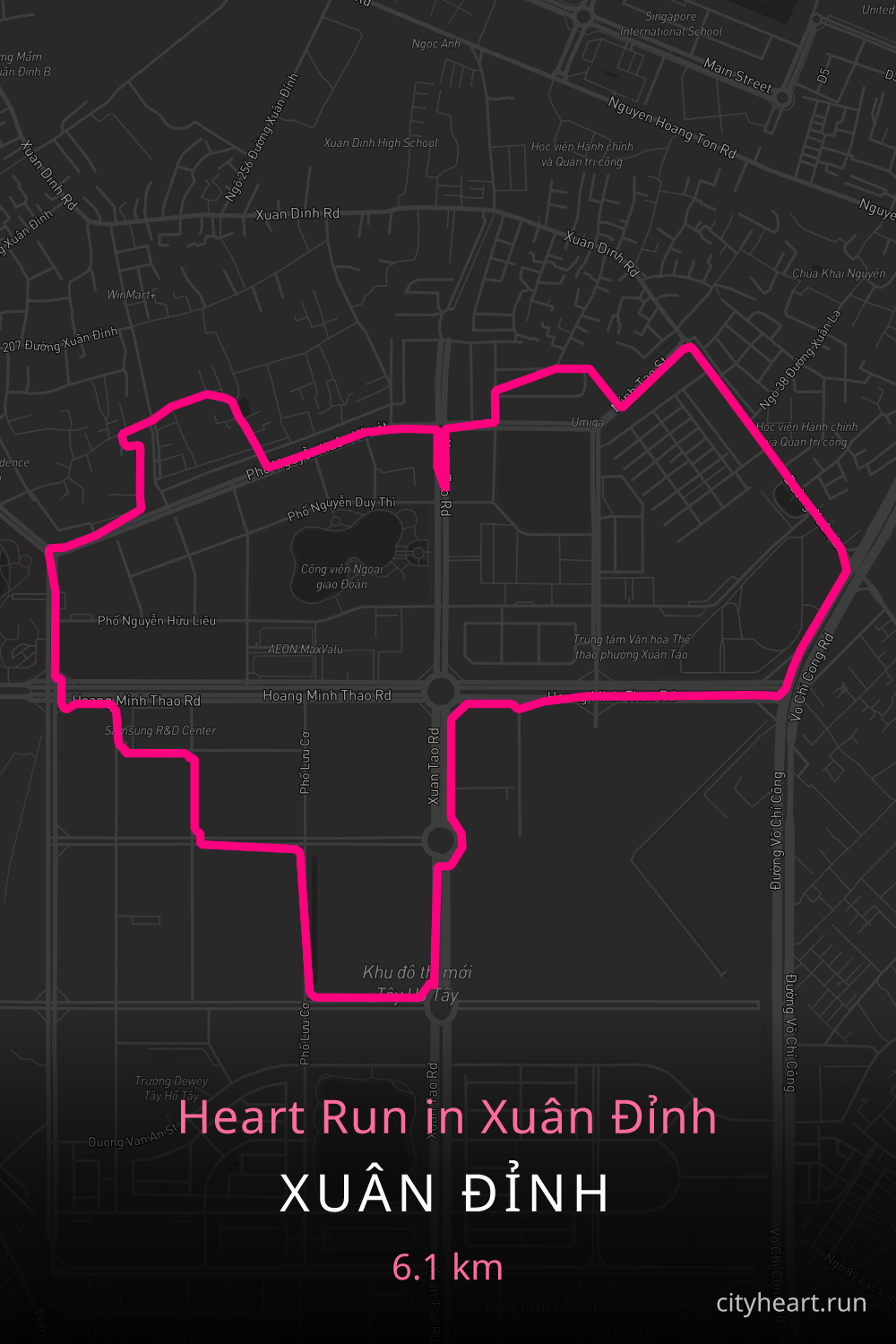 Heart-shaped running route in Xuân Đỉnh, 6.1 km — GPS art for Strava