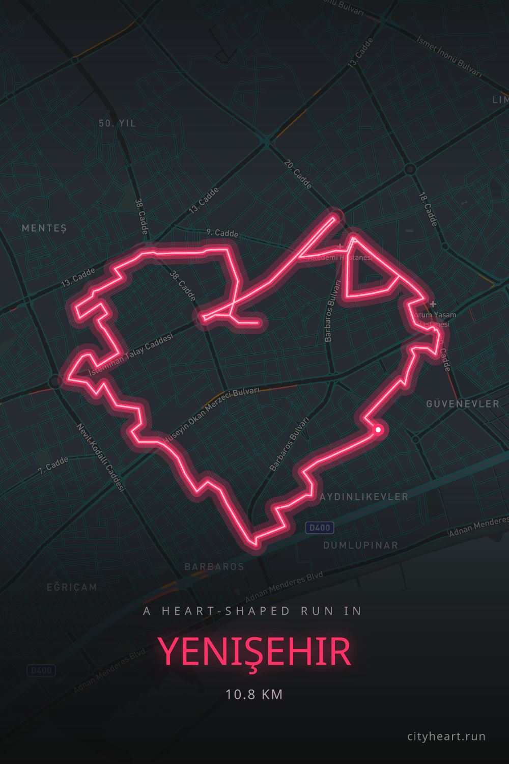 Heart-shaped running route in Yenişehir, 11.5 km — GPS art for Strava