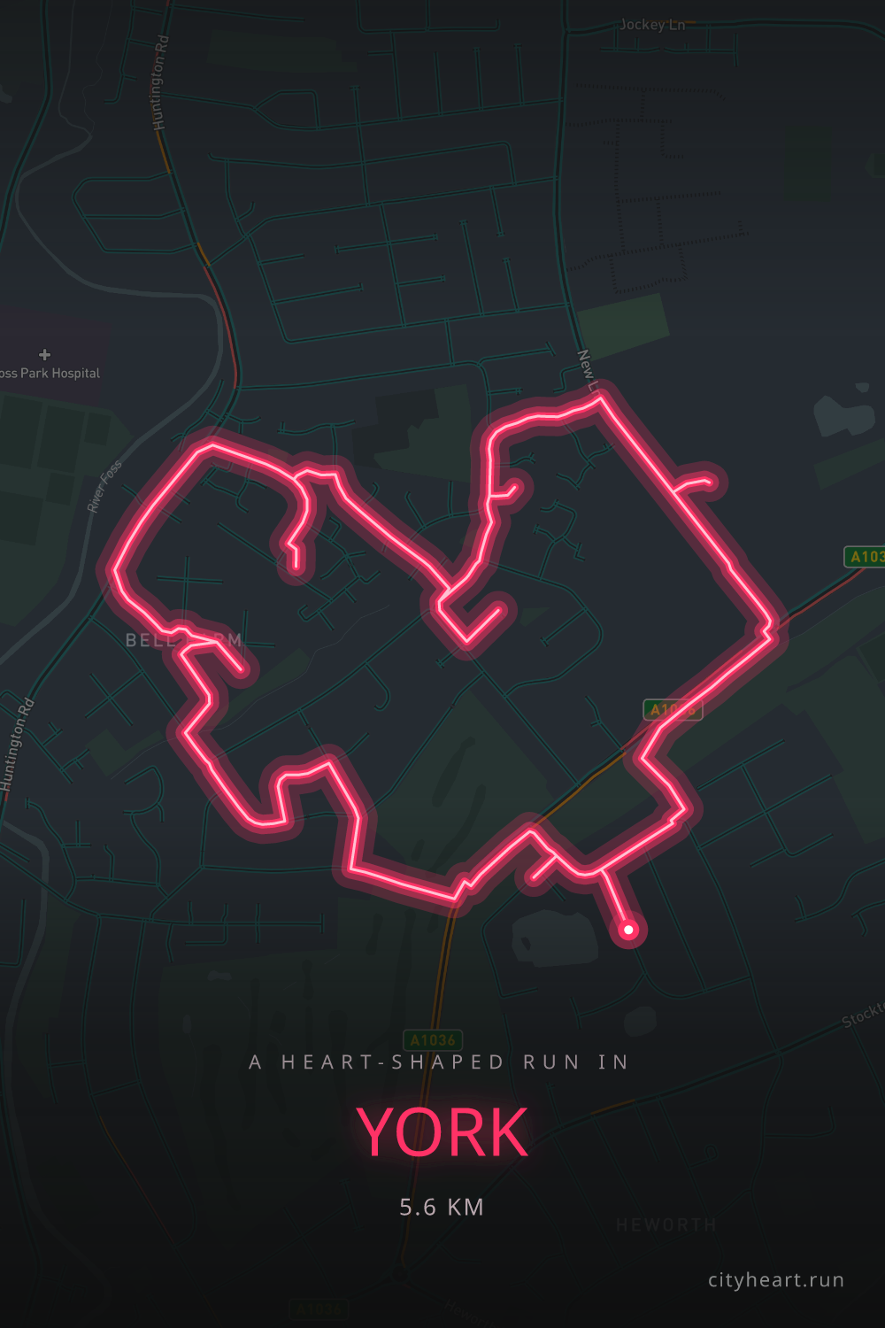 Heart-shaped running route in York, 5.6 km — GPS art for Strava