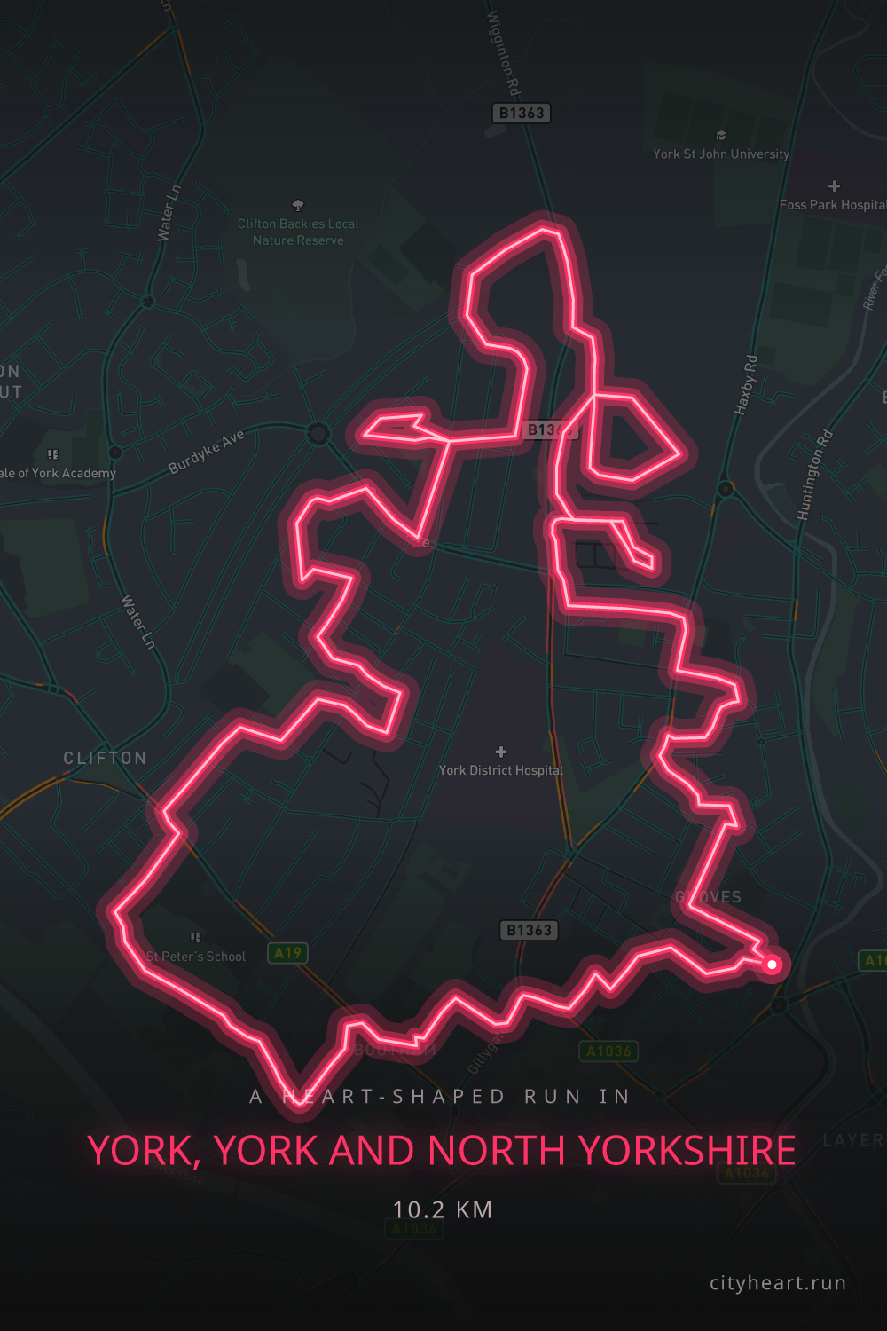 Heart-shaped running route in York, York and North Yorkshire, 10.2 km — GPS art for Strava