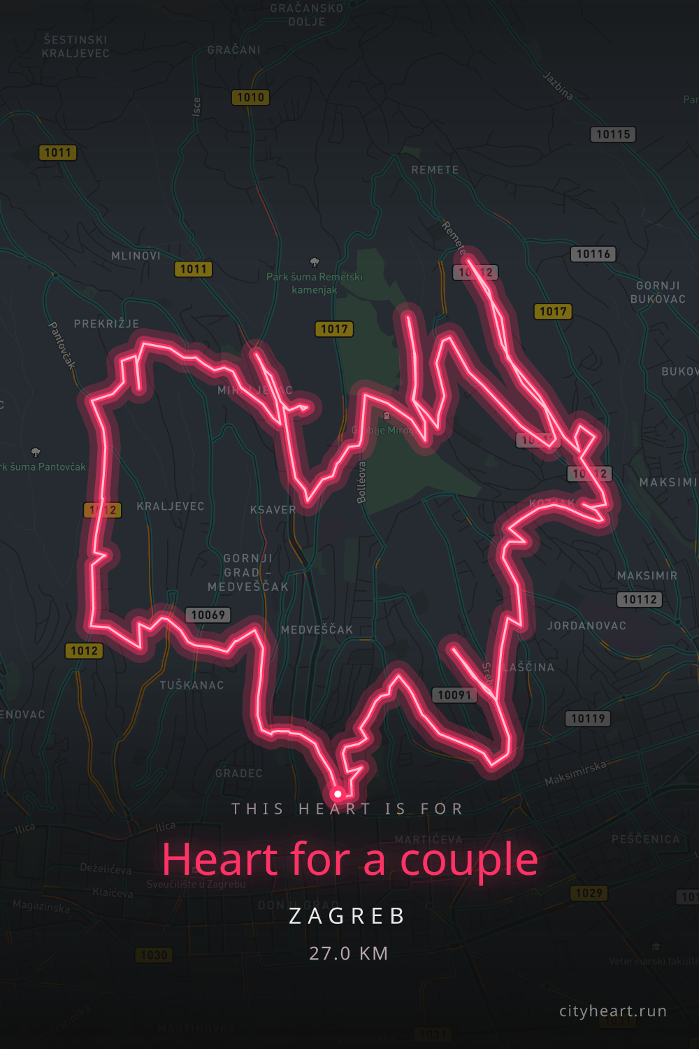 Heart-shaped running route in Zagreb, 27.7 km — GPS art for Strava