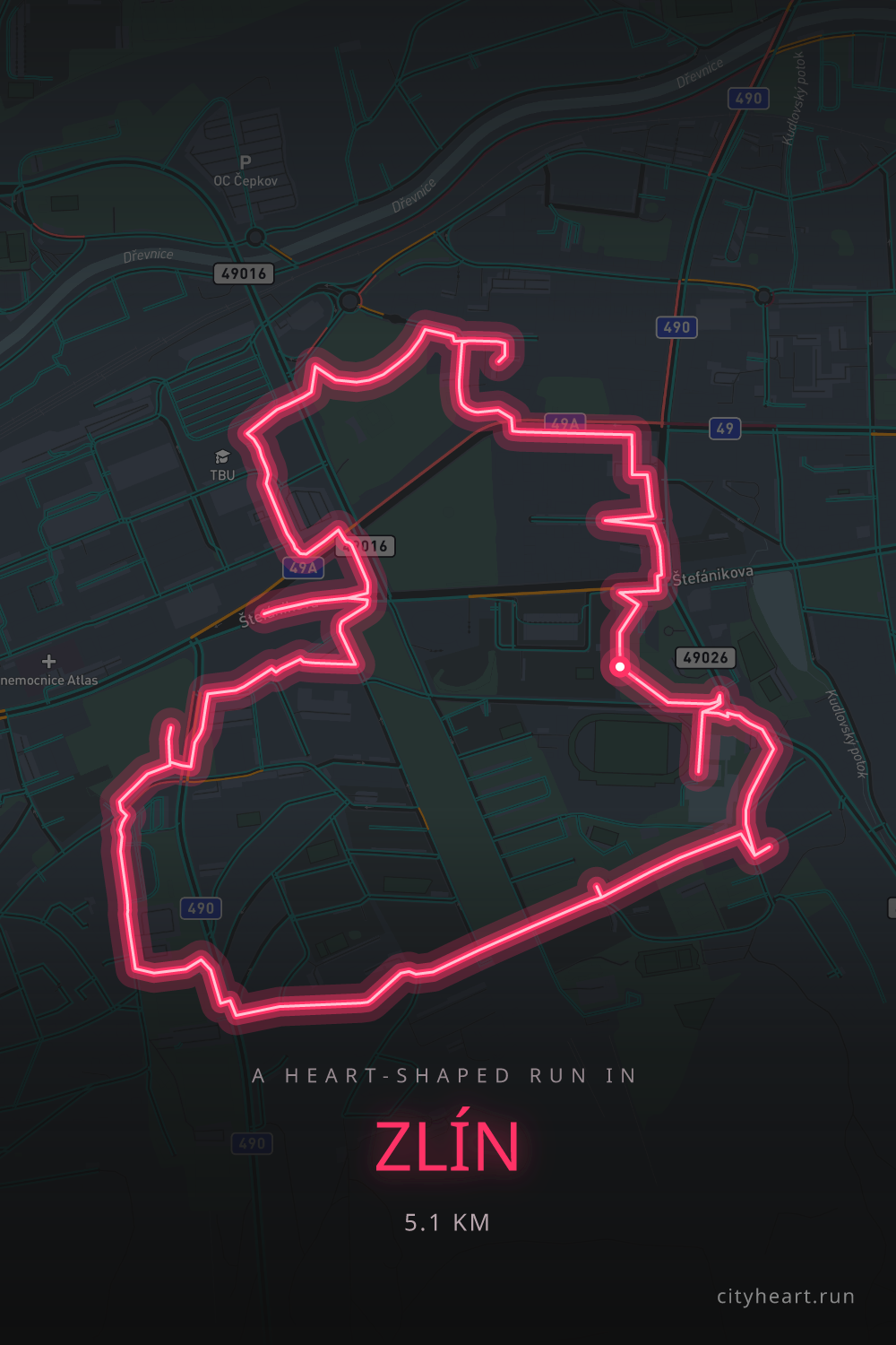 Heart-shaped running route in Zlín, 5.1 km — GPS art for Strava