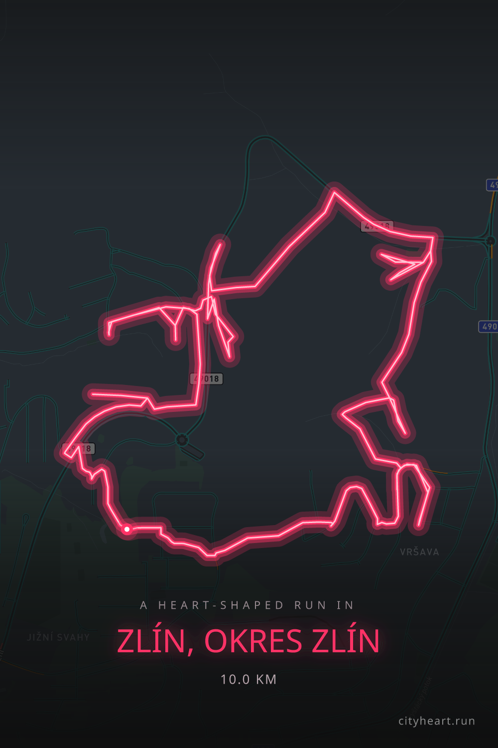 Heart-shaped running route in Zlín, okres Zlín, 10.0 km — GPS art for Strava