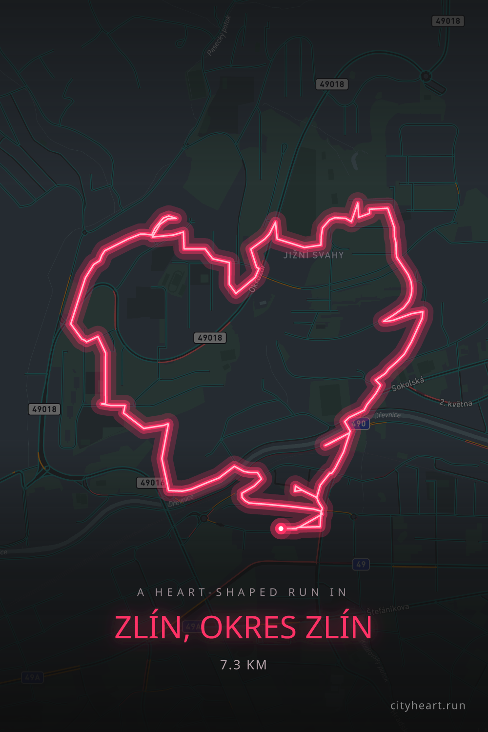 Heart-shaped running route in Zlín, okres Zlín, 7.3 km — GPS art for Strava