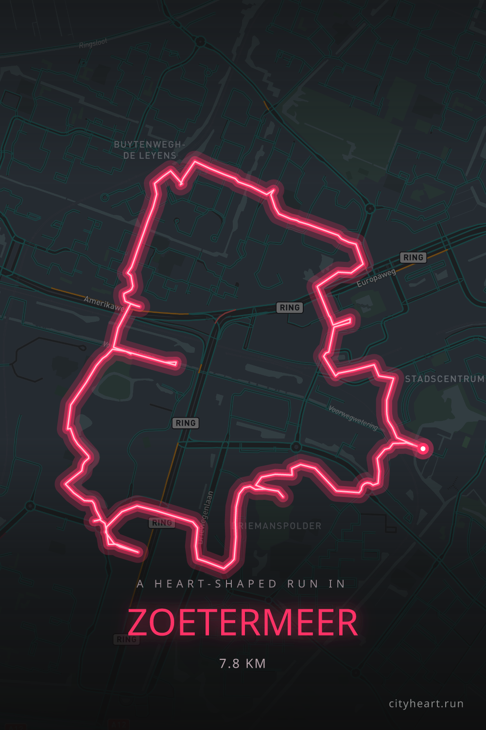 Heart-shaped running route in Zoetermeer, 7.8 km — GPS art for Strava