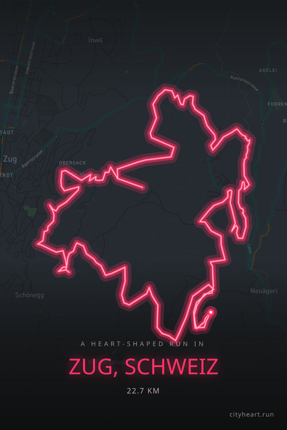 Heart-shaped running route in Zug, Schweiz, 23.3 km — GPS art for Strava