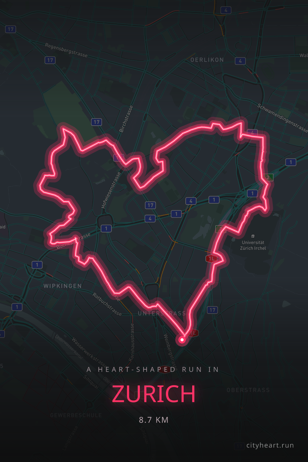 Heart-shaped running route in Zurich, 8.7 km — GPS art for Strava
