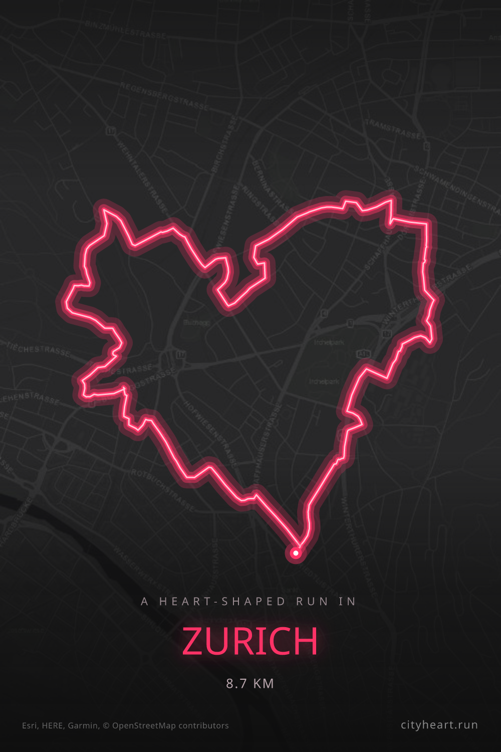 Heart-shaped running route in Zurich, 8.7 km — GPS art for Strava