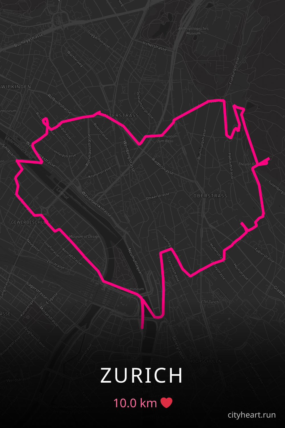 Heart-shaped running route in Zurich, 10.0 km — GPS art for Strava