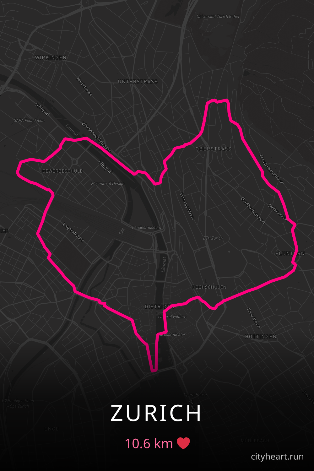 Heart-shaped running route in Zurich, 10.6 km — GPS art for Strava