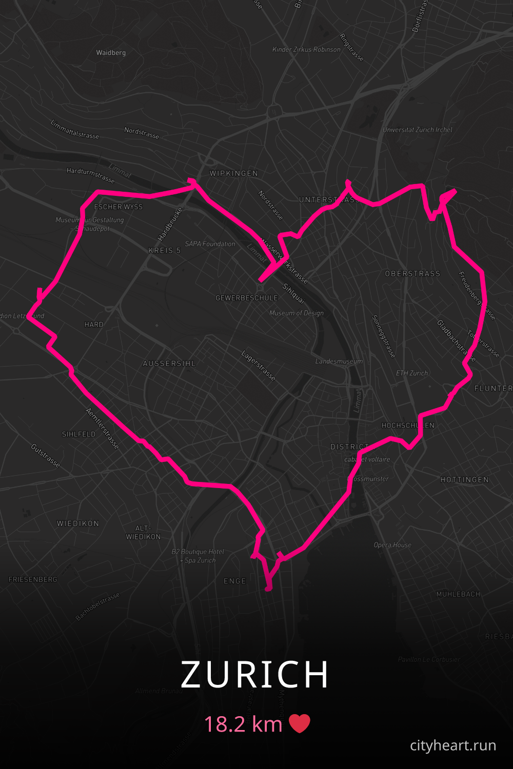Heart-shaped running route in Zurich, 18.2 km — GPS art for Strava