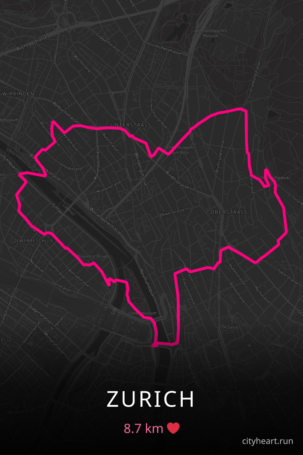 Heart-shaped running route in Zurich, 8.7 km — GPS art for Strava