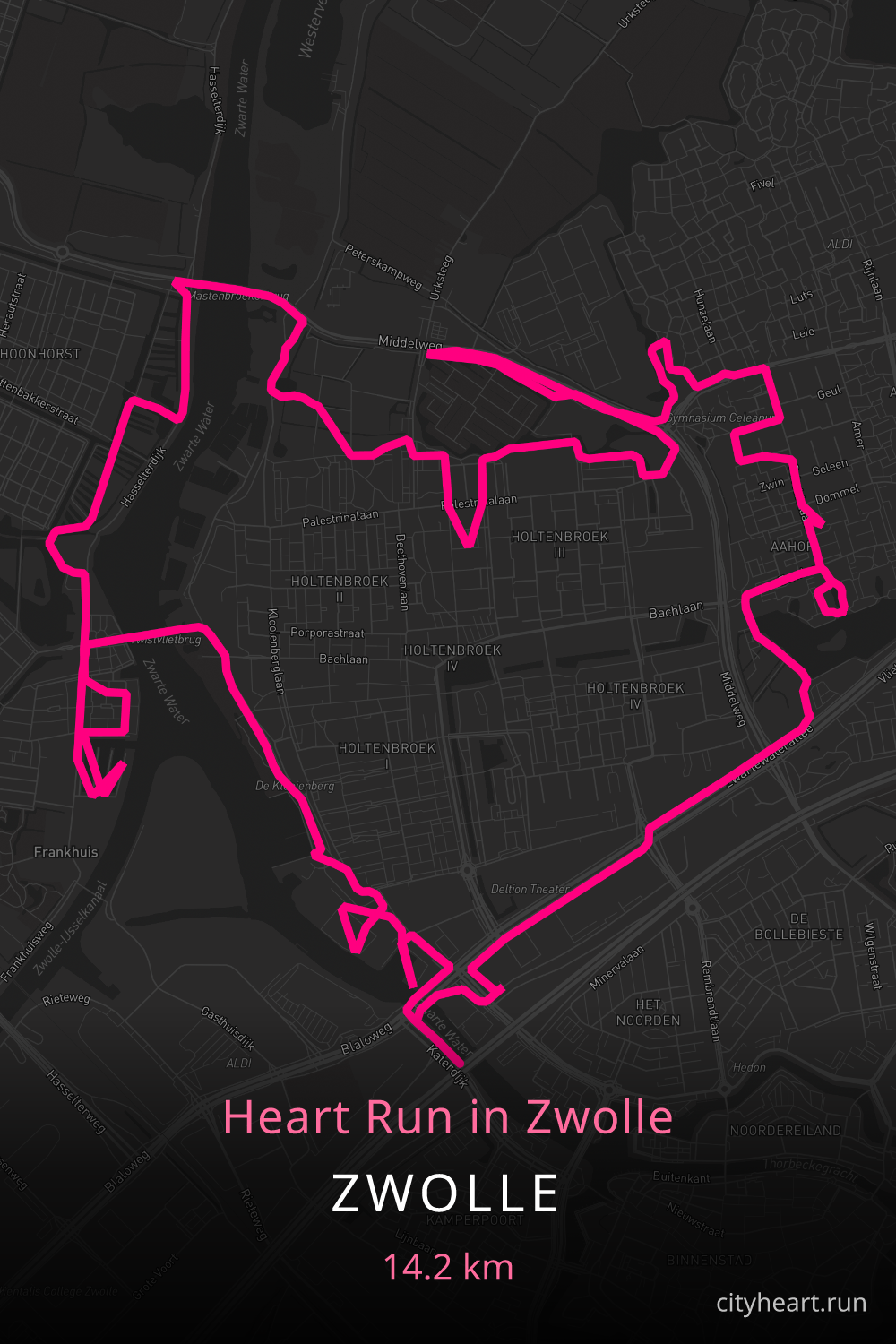 Heart-shaped running route in Zwolle, 14.2 km — GPS art for Strava