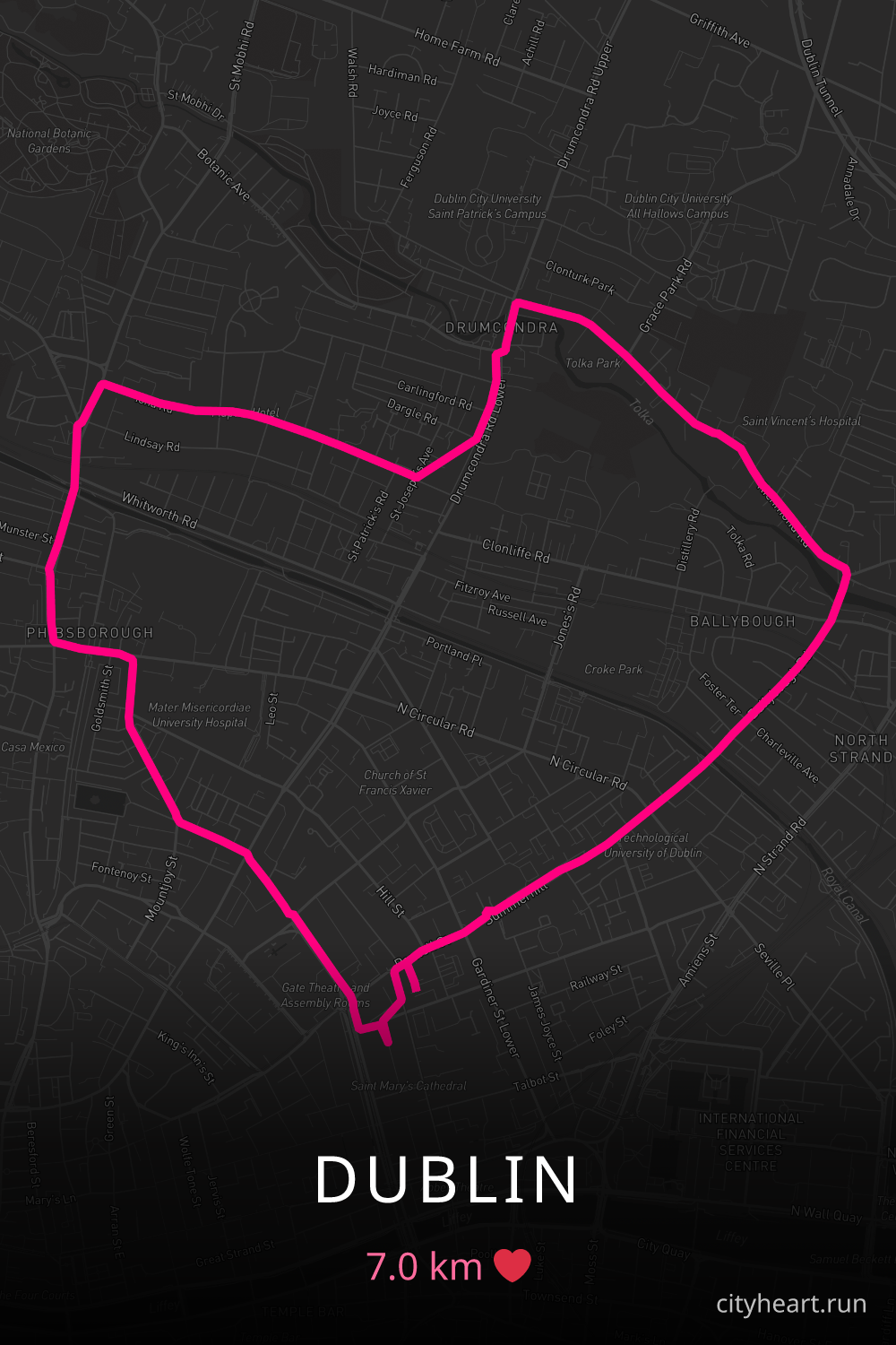 Heart-shaped running route in Dublin, 7.0 km — GPS art for Strava