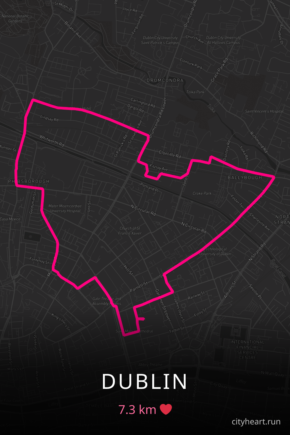 Heart-shaped running route in Dublin, 9.9 km — GPS art for Strava