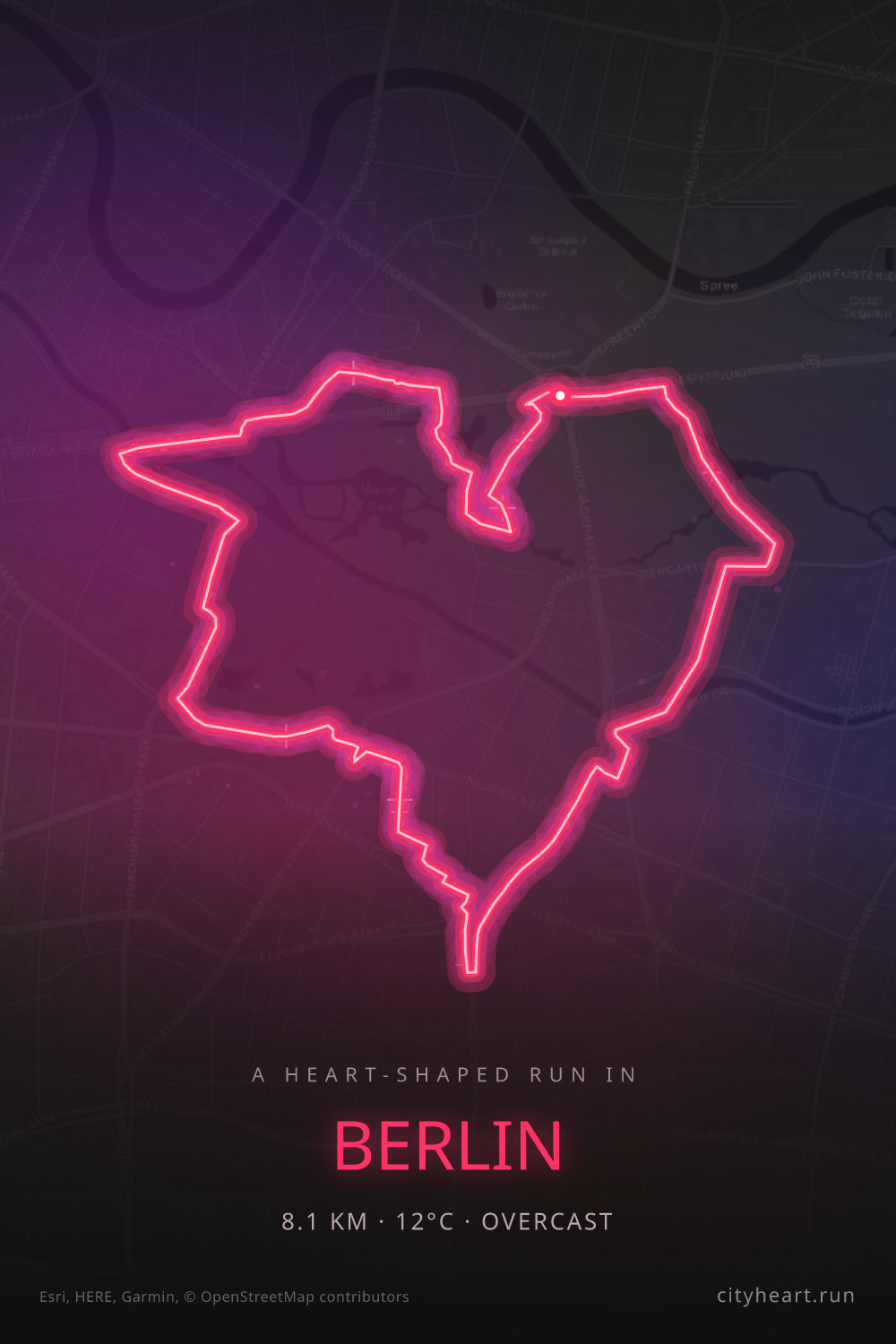 Heart-shaped running route in Berlin, 8.1 km — GPS art for Strava