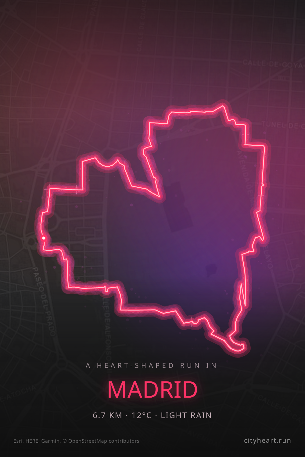 Heart-shaped running route in Madrid, 6.7 km — GPS art for Strava
