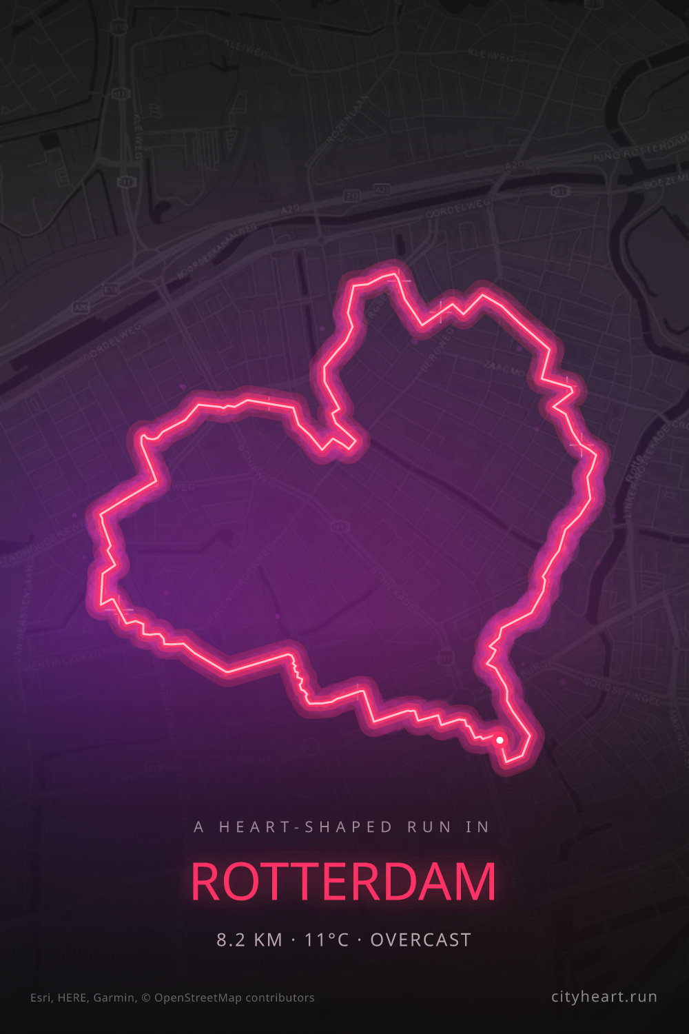 Heart-shaped running route in Rotterdam, 8.2 km — GPS art for Strava