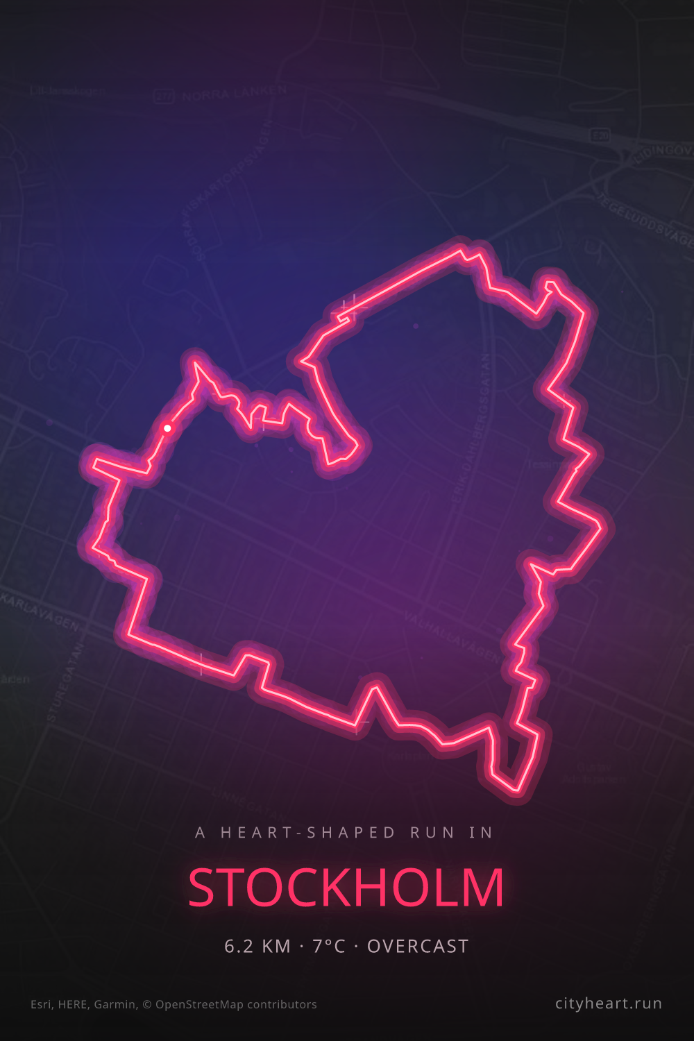 Heart-shaped running route in Stockholm, 6.2 km — GPS art for Strava