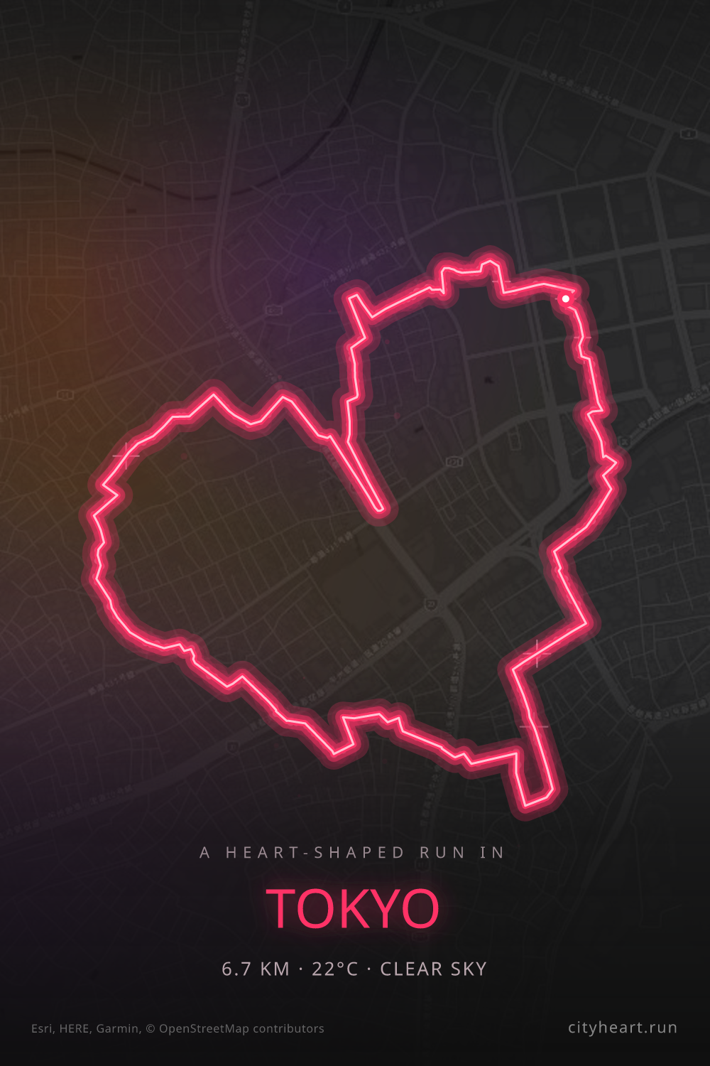 Heart-shaped running route in Tokyo, 6.7 km — GPS art for Strava