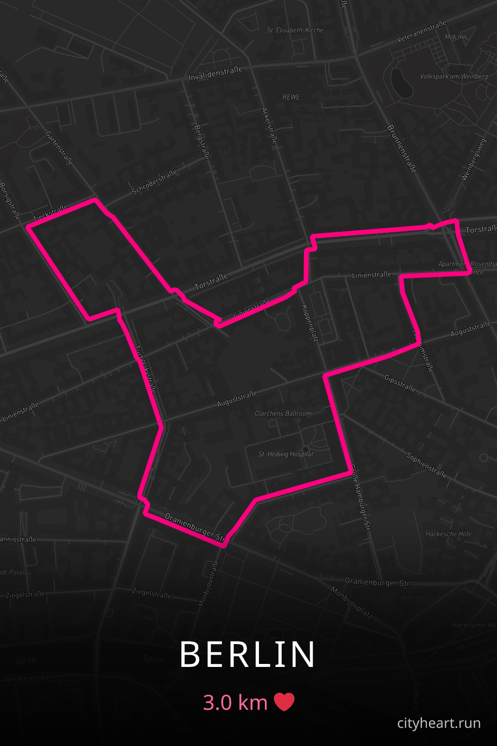 Heart-shaped running route in Berlin, 3.0 km — GPS art for Strava