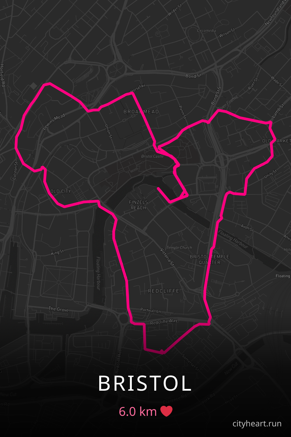 Heart-shaped running route in Bristol, 6.0 km — GPS art for Strava