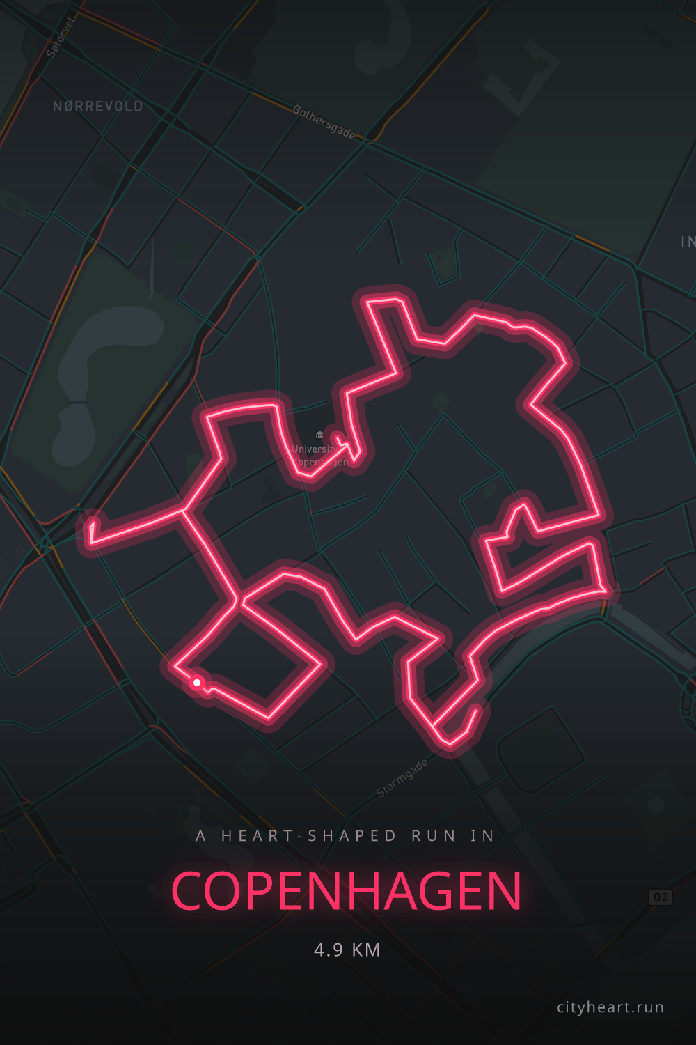 Heart-shaped running route in Copenhagen, 5.0 km — GPS art for Strava