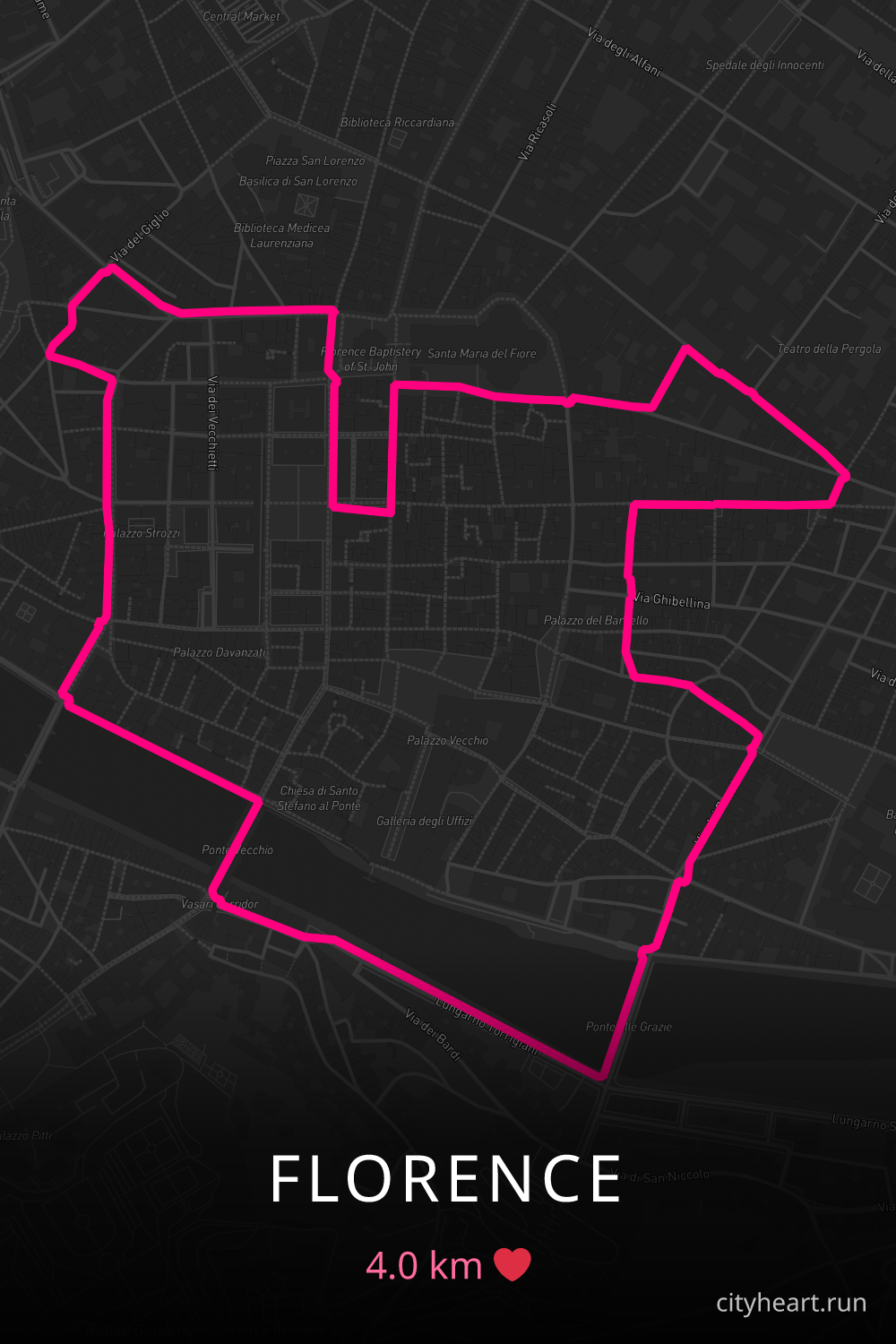 Heart-shaped running route in Florence, 4.0 km — GPS art for Strava