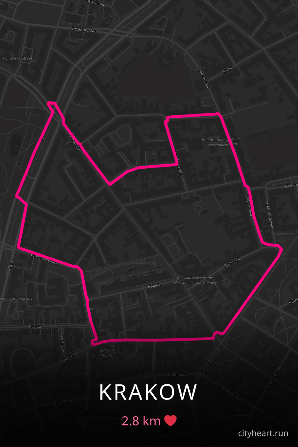 Heart-shaped running route in Krakow, 2.8 km — GPS art for Strava