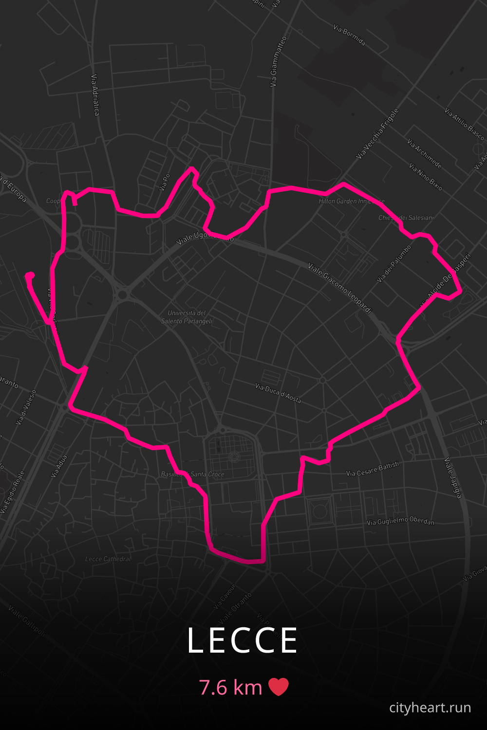 Heart-shaped running route in Lecce, 7.6 km — GPS art for Strava
