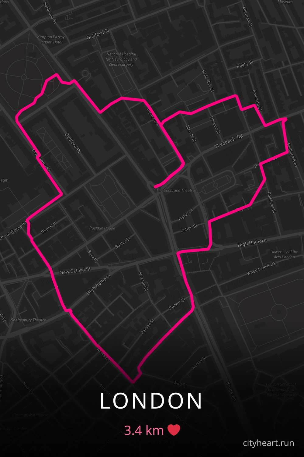 Heart-shaped running route in London, 3.4 km — GPS art for Strava