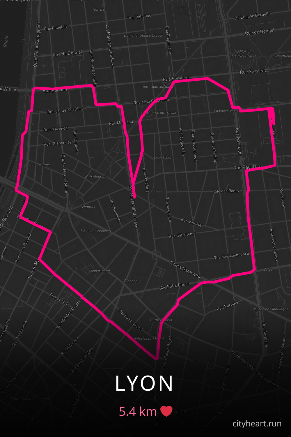 Heart-shaped running route in Lyon, 5.4 km — GPS art for Strava
