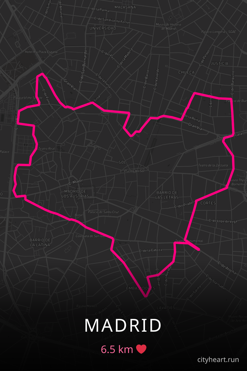 Heart-shaped running route in Madrid, 6.5 km — GPS art for Strava
