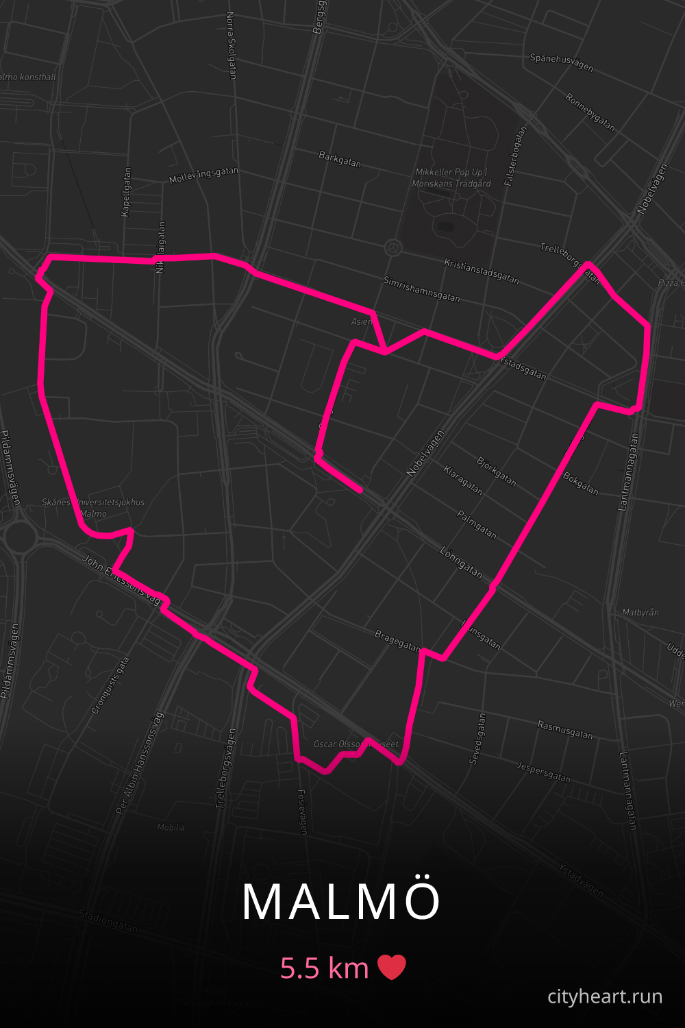 Heart-shaped running route in Malmö, 5.5 km — GPS art for Strava