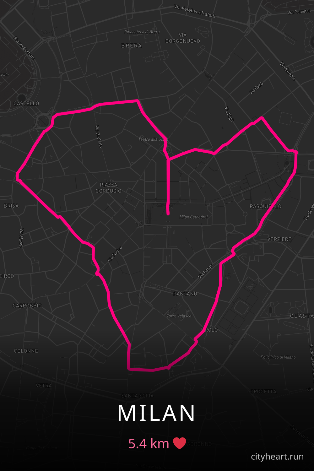 Heart-shaped running route in Milan, 5.4 km — GPS art for Strava