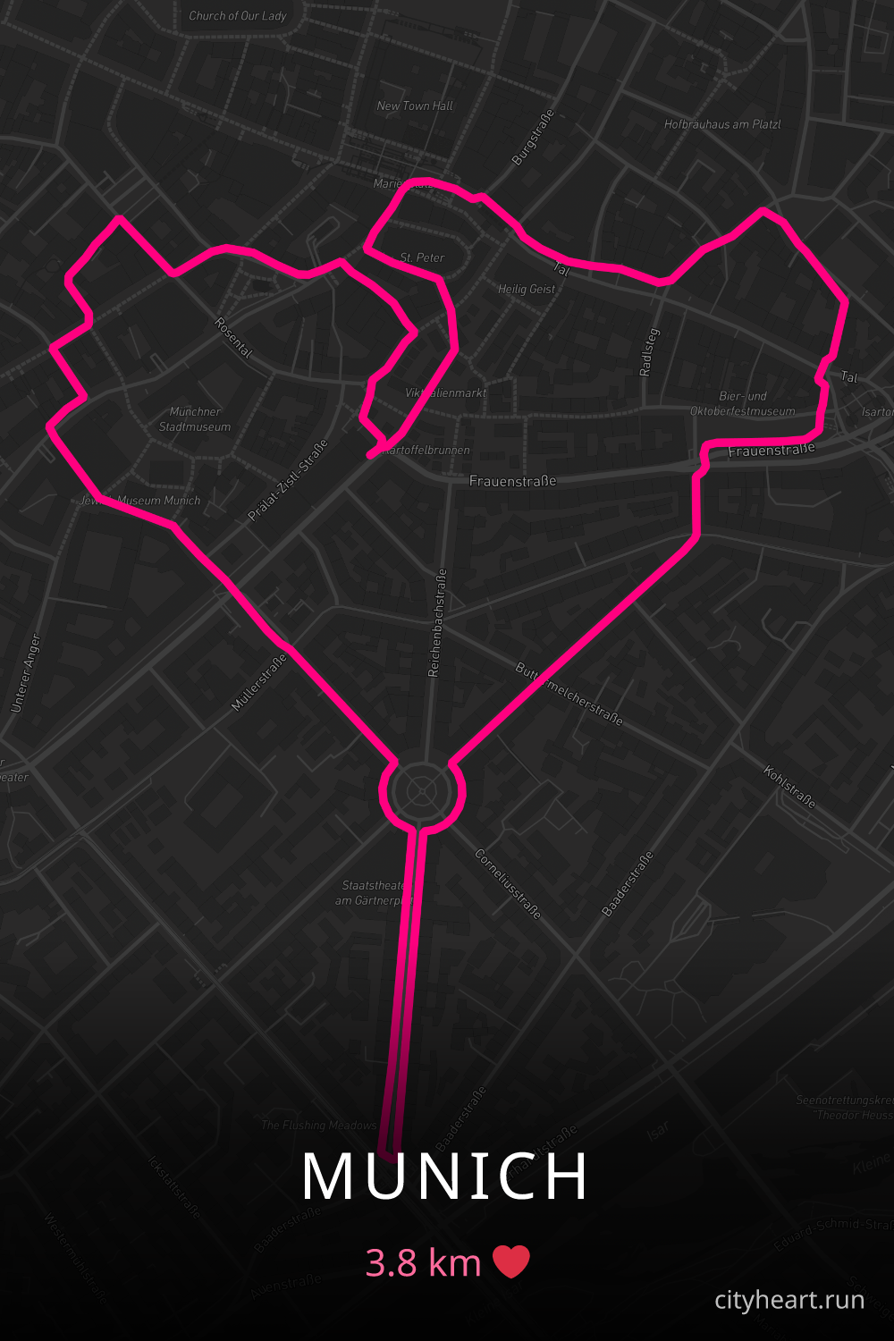Heart-shaped running route in Munich, 3.8 km — GPS art for Strava