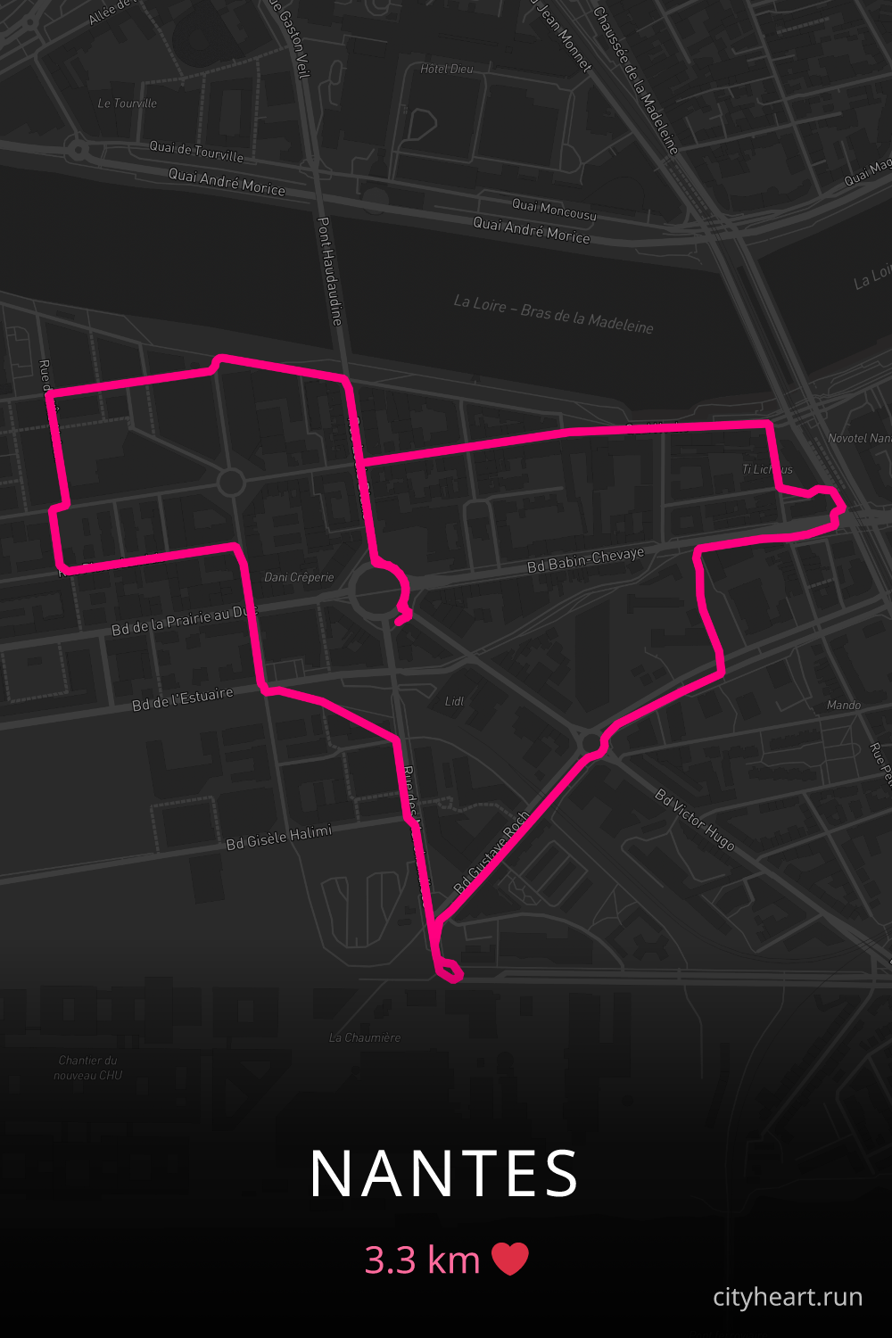 Heart-shaped running route in Nantes, 3.3 km — GPS art for Strava