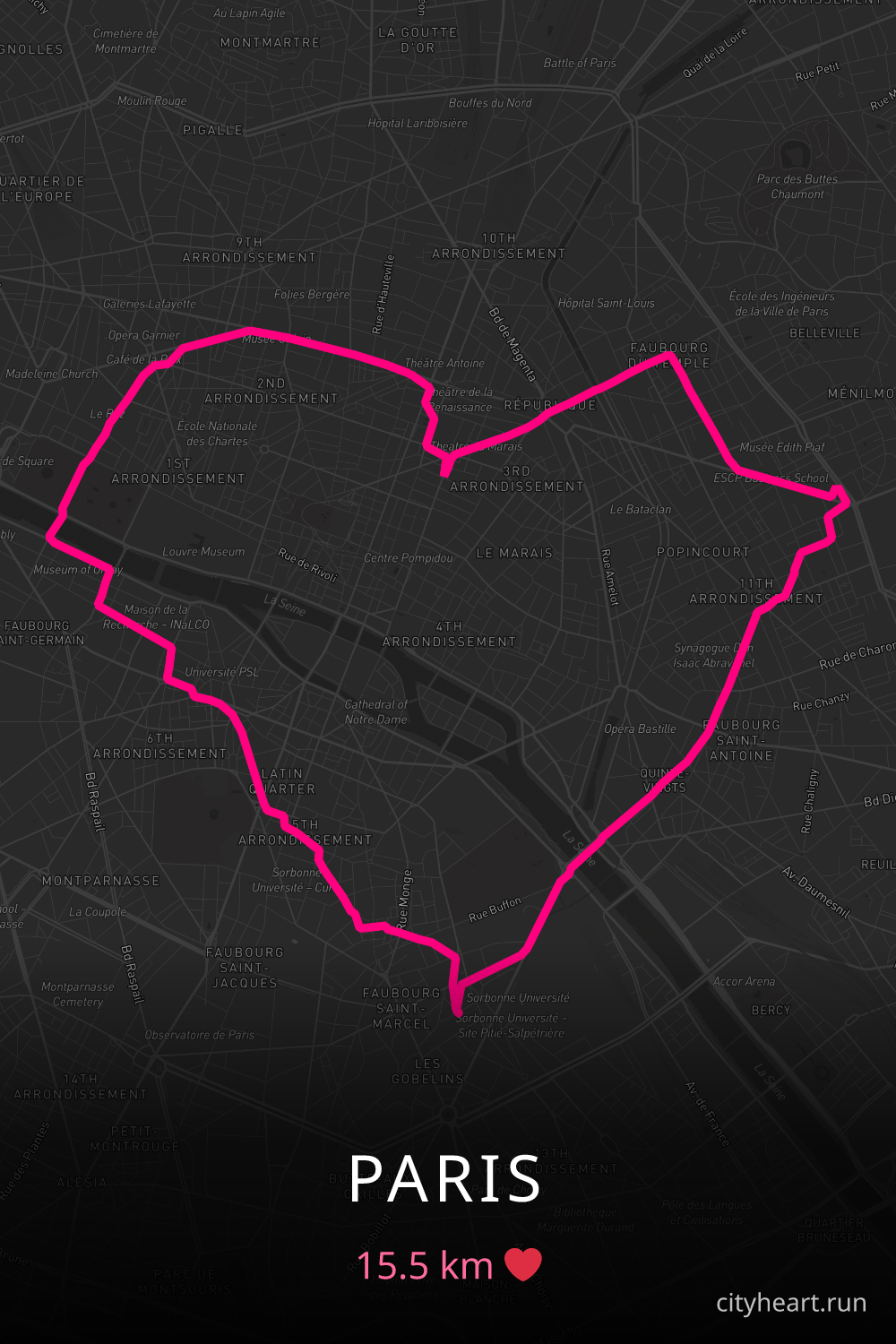 Heart-shaped running route in Paris, 15.5 km — GPS art for Strava