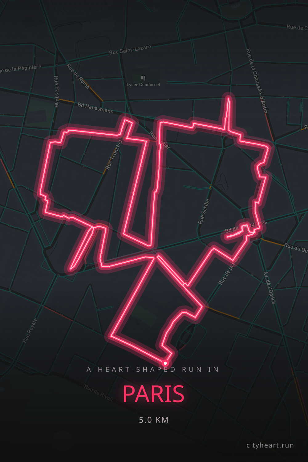 Heart-shaped running route in Paris, 5.0 km — GPS art for Strava