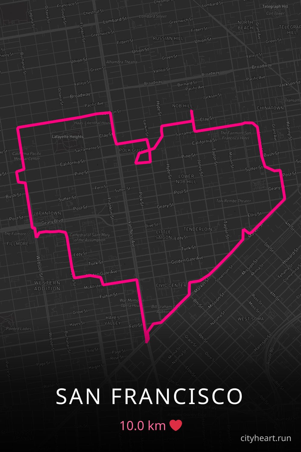 Heart-shaped running route in San Francisco, 10.0 km — GPS art for Strava