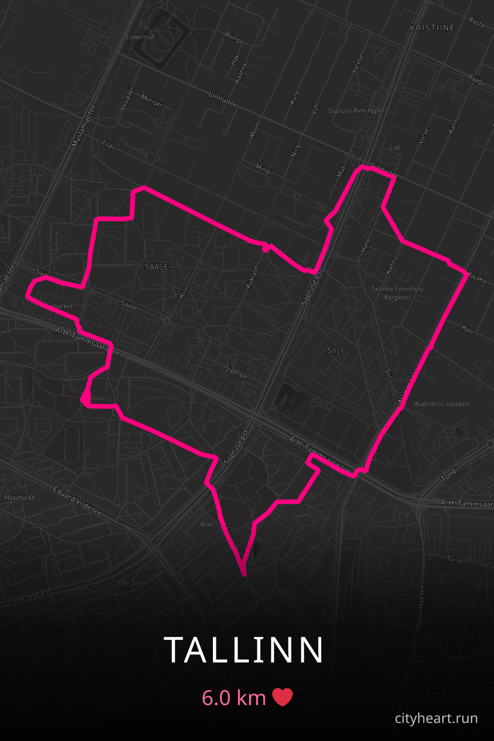 Heart-shaped running route in Tallinn, 6.0 km — GPS art for Strava