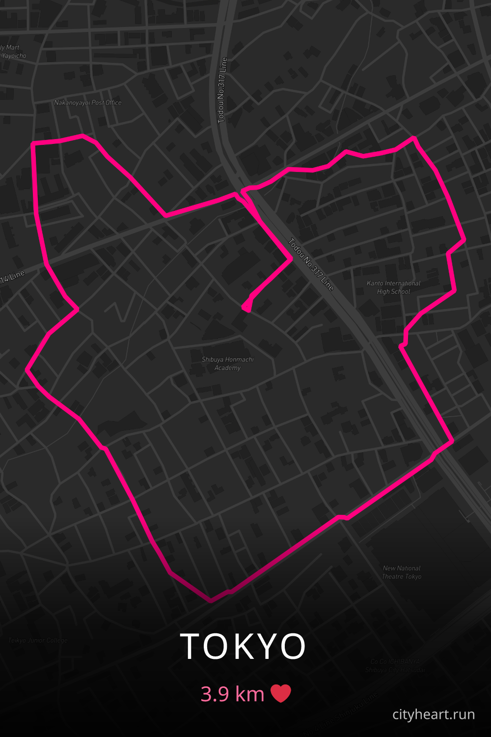 Heart-shaped running route in Tokyo, 3.9 km — GPS art for Strava