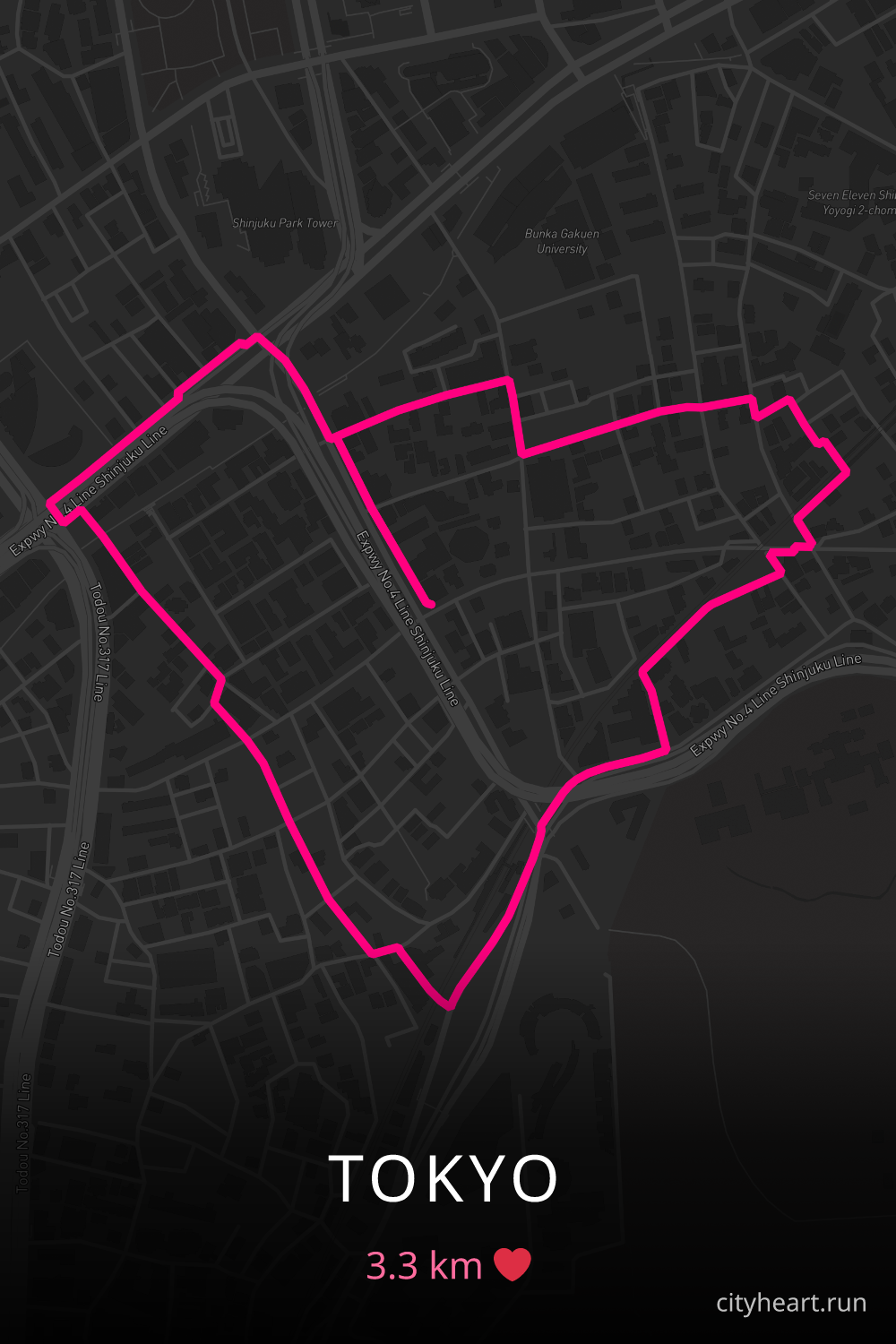 Heart-shaped running route in Tokyo, 3.3 km — GPS art for Strava