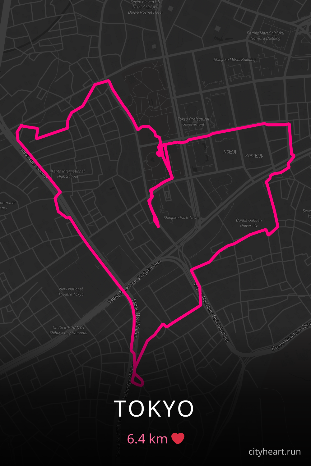 Heart-shaped running route in Tokyo, 6.4 km — GPS art for Strava