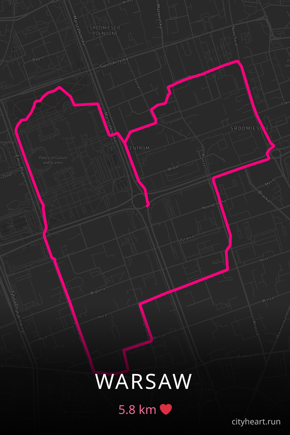 Heart-shaped running route in Warsaw, 5.8 km — GPS art for Strava